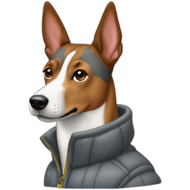 Brindle colored Basenji wearing a grey puffer jacket emoji