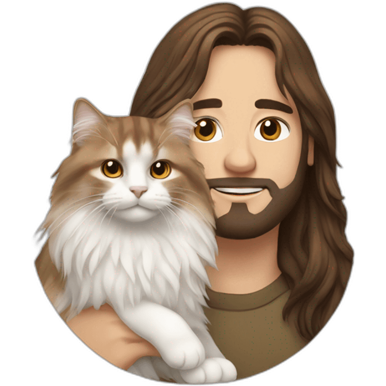 man with brown long hair holding a white Siberian cat emoji