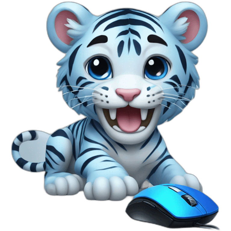 A blue tiger playing with a gaming mouse emoji