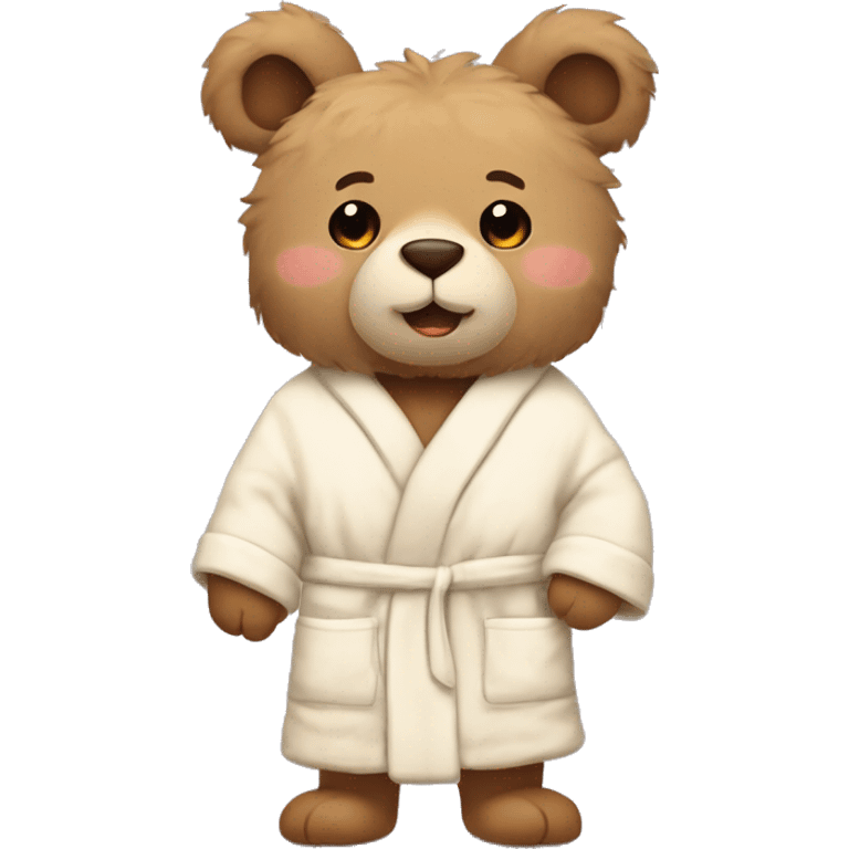 Fluffy light Brown stuffed animal bear wearing a cream bathrobe with bunny ears on it emoji