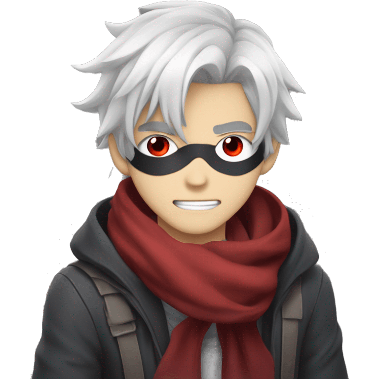 Anime guy, with white messy hair, demonic eye patch, red eyes, crimson scarf around neck, and gray skin  emoji