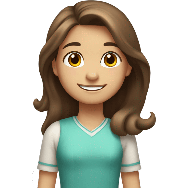 Girl with long brown hair and brown eyes smiling and waving at you. Caucasian, 6 years old emoji