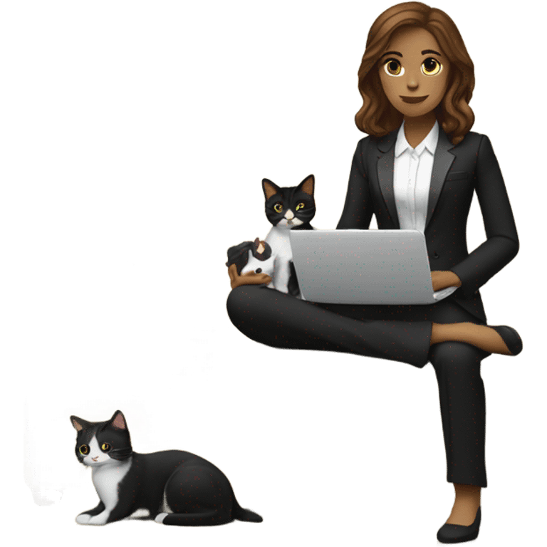 Light skinned woman with brown hair sitting on the couch laptop on her lap next to small black and white tuxedo cat emoji