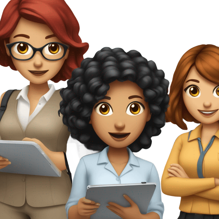 Latina with jet black hair, brunette girl, and a girl with bright red hair all conducting surveys on clipboards and ipads emoji