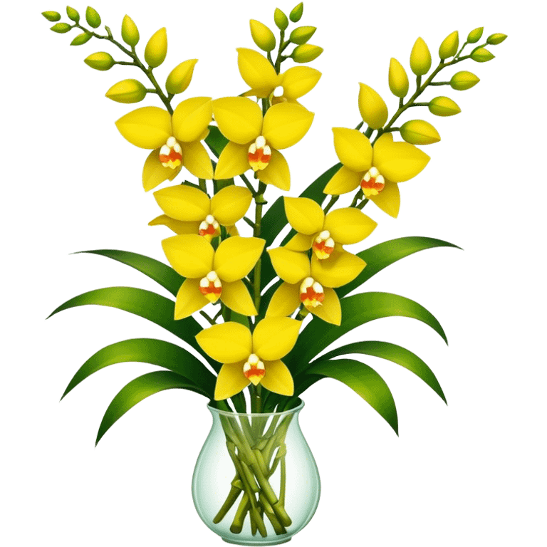 big bouquet yellow Dendrobium Orchid, stem, leaf emoji