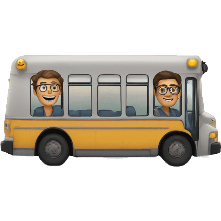 Patrick chauve et Vivianne dans un bus écrit T27 dessus le bus emoji