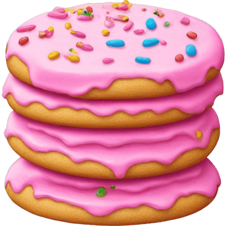 side view, pile of pink iced cookie with sprinkles emoji