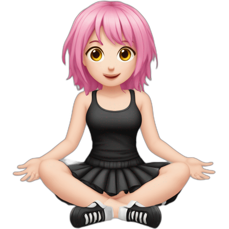 Full body Front view curvy emo girl pink hair sits on the floor straight view hands up black skirt белые трусики полосатые рваные чулки emoji