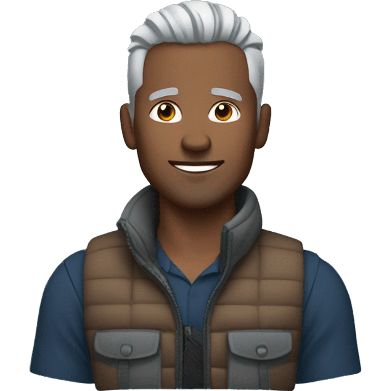 Finance bro with light grey short spike hair, brown skin and mountain hardwared puffer vest over blue shirt emoji