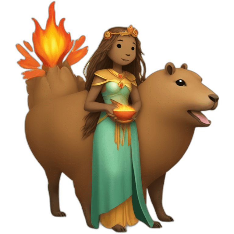 the goddess of the hearth and comfort holds a capybara, which has fire in its paws emoji