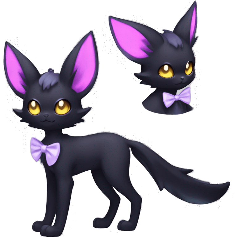 Shiny Cool pastel Edgy Black beautiful ethereal fantasy Kawaii Sona Umbreon-Noibat-Litten-Fakemon-cat-animal with edgy bat-ears bow tie black mane vtuber model Full Body emoji