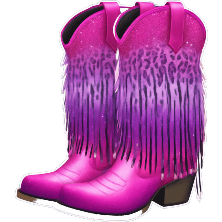 Realistic hot pink to purple ombre leopard print pair of fashion cowgirl boots with sparkly shiny glitter fringe on them. emoji