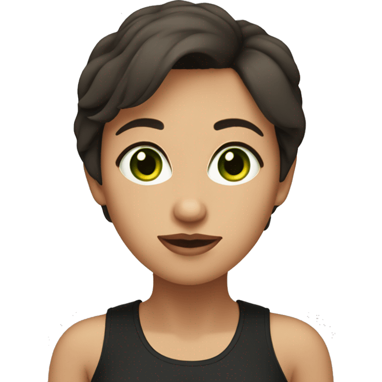 brune lady with short hair, angular face, green eyes with black tank top. emoji