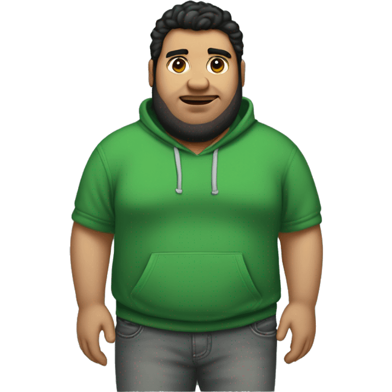 wide fat guy with black hair big chest green hoodie and grey jeans and a shaved beard, with little acne emoji