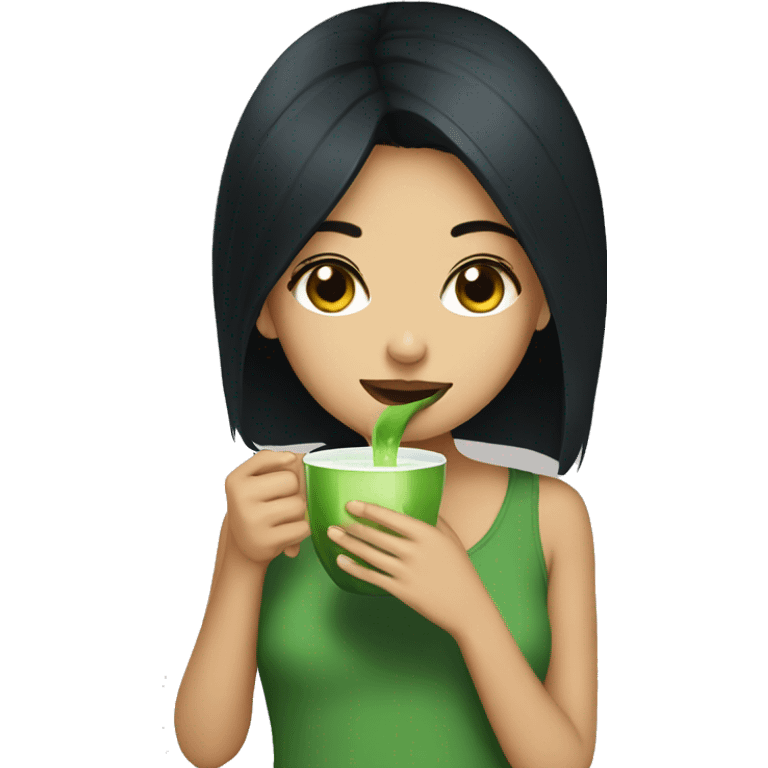 Black haired girl drinking matcha emoji