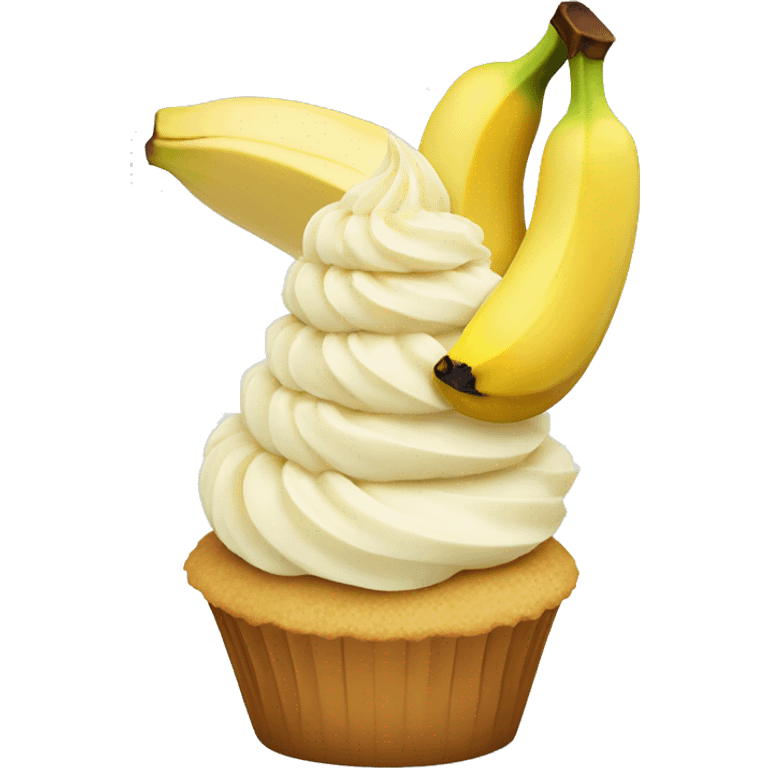 Vanilla cupcake topped with banana slice emoji