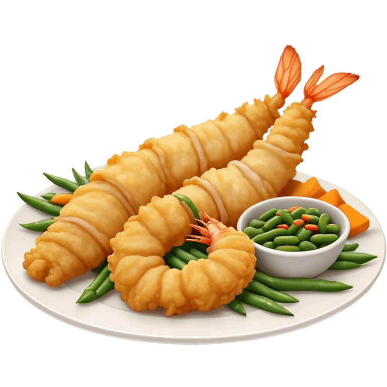 Cinematic Realistic Tempura Dish Emoji, depicted as lightly battered and fried seafood and vegetables rendered with delicate textures and crisp, inviting lighting. emoji