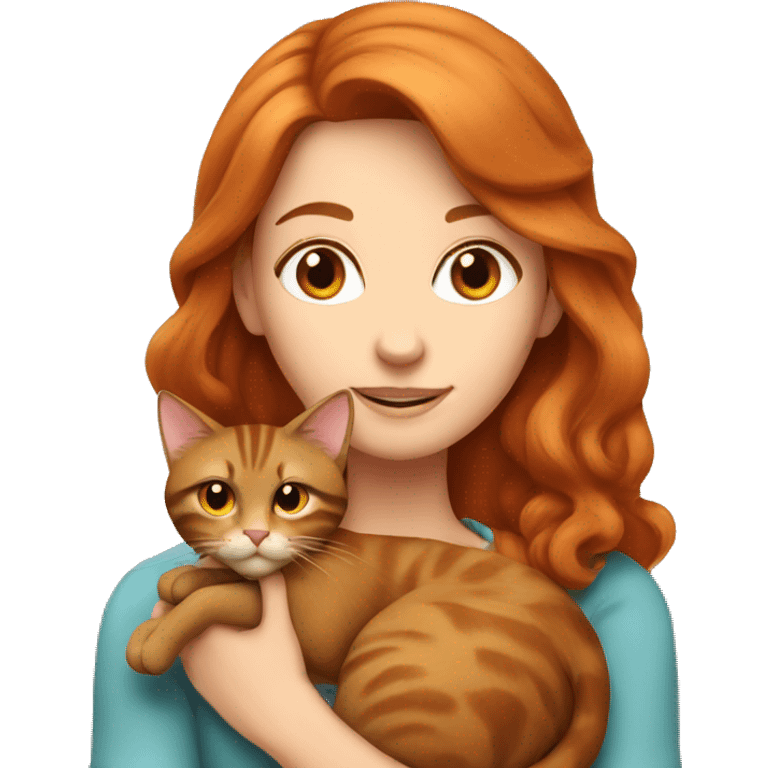 Red haired woman holding 1 big tailed brown cat with big emoji