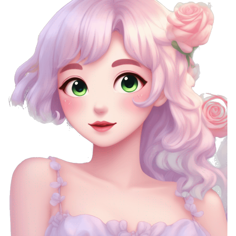 Gorgeous pastel anime style lady with blushing face and roses cottagecore fairycore pastelcore shiny colorful pearly petite simplistic aesthetic trending style emoji