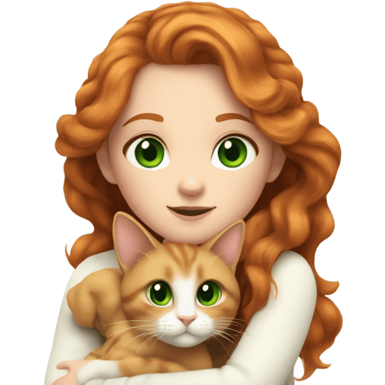 ginger girl with wavy long hair and green eyes in turtle neck white sweater cuddling with a brown cat emoji