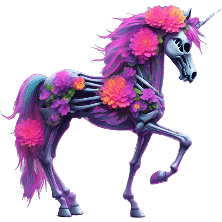 Neon Zombie Pegasus unicorn skeleton psychedelic flowers floral groovy art neon rave raving emoji