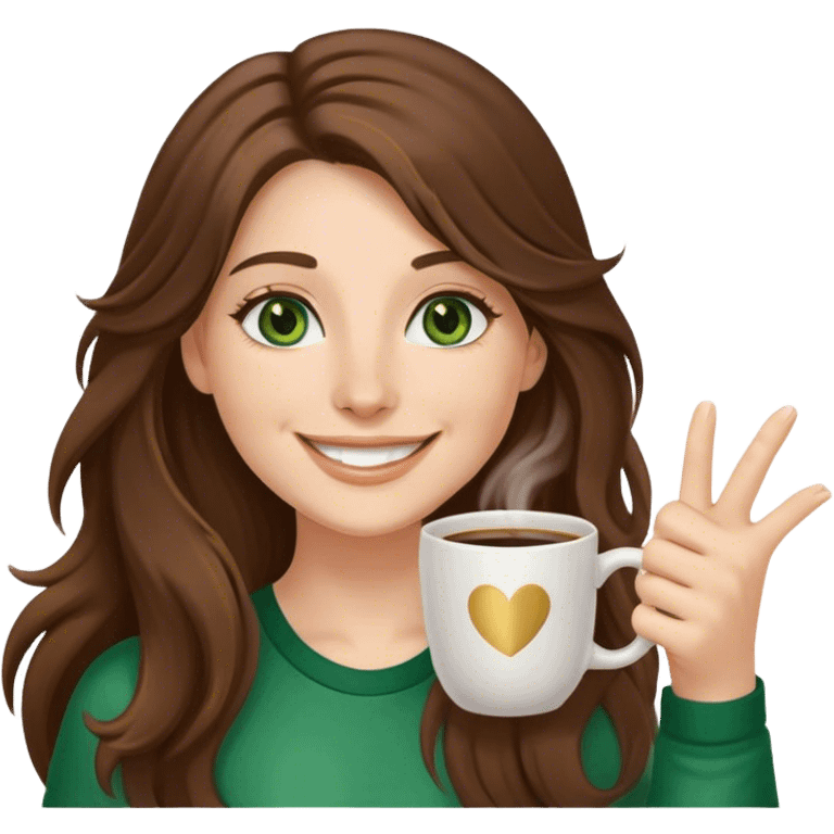 Long, Brown haired girl with middle hair part, green eyes, gold hoop nose ring, smiling, waving with one hand, coffee mug in the other emoji