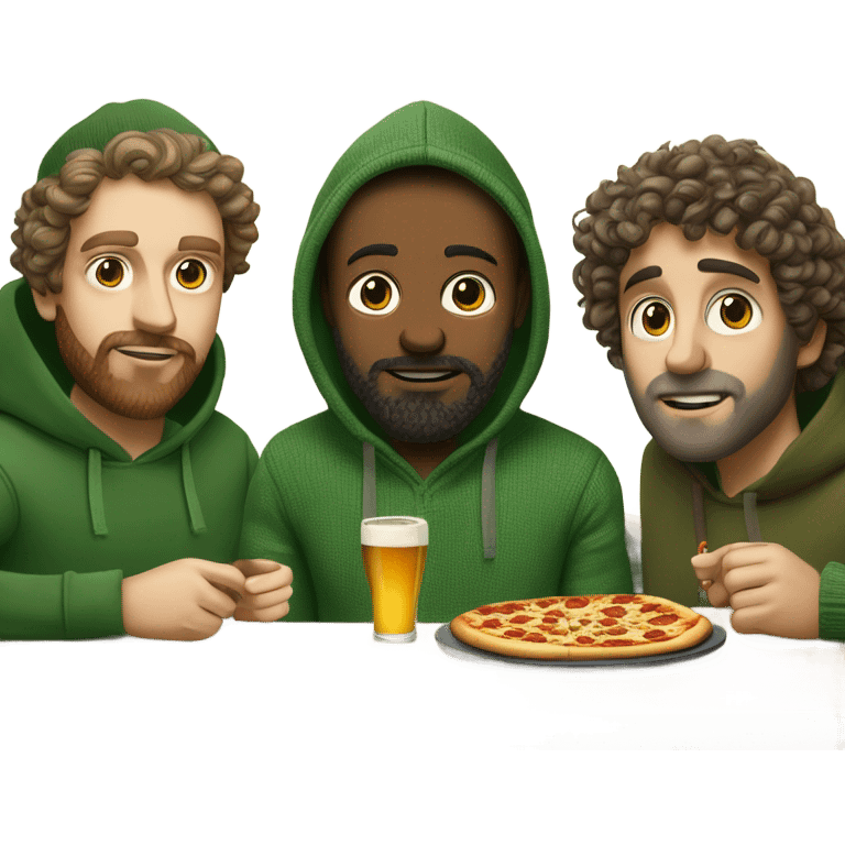 Three dudes,from Caucasian background, one wearing a ribbed green sweater,another one is artsy and wears beanies and hoodies, and the other has curly hair and beard wears a linen shirt. They are eating pizza in lower Manhattan, and drinking Stella Artois emoji