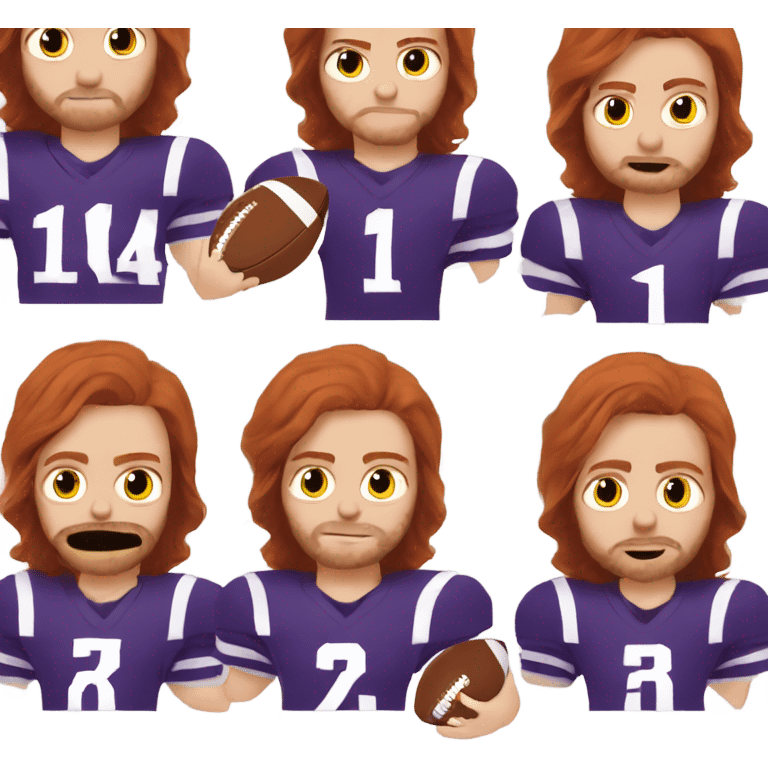 Redhead jesus playing American football wearing purple number 14 and derpy face emoji