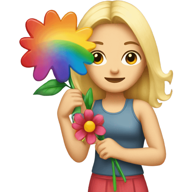 Blonde woman holding flower in front of a rainbow  emoji