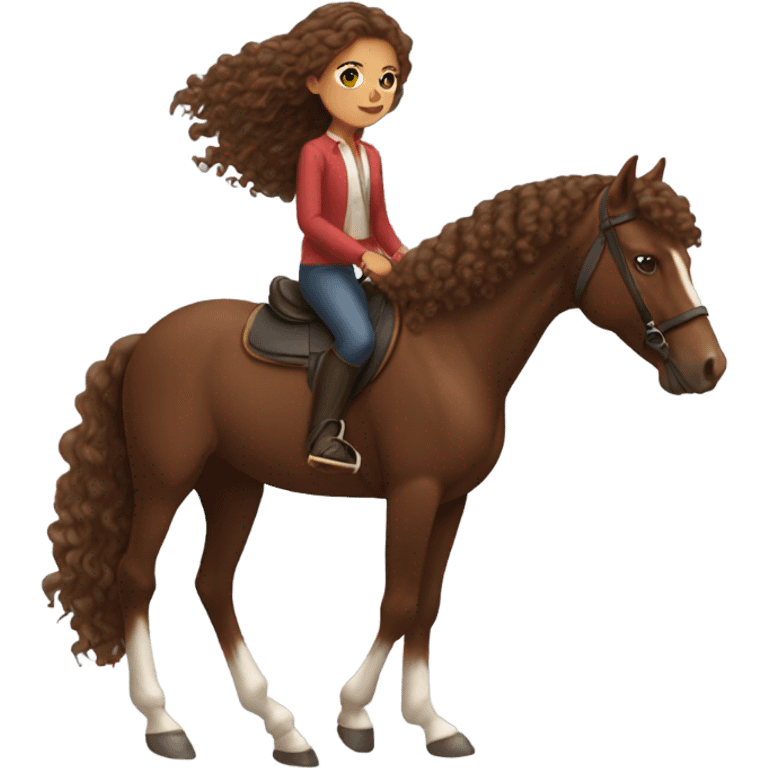 Girl with long brown curly hair on a bay horse  emoji