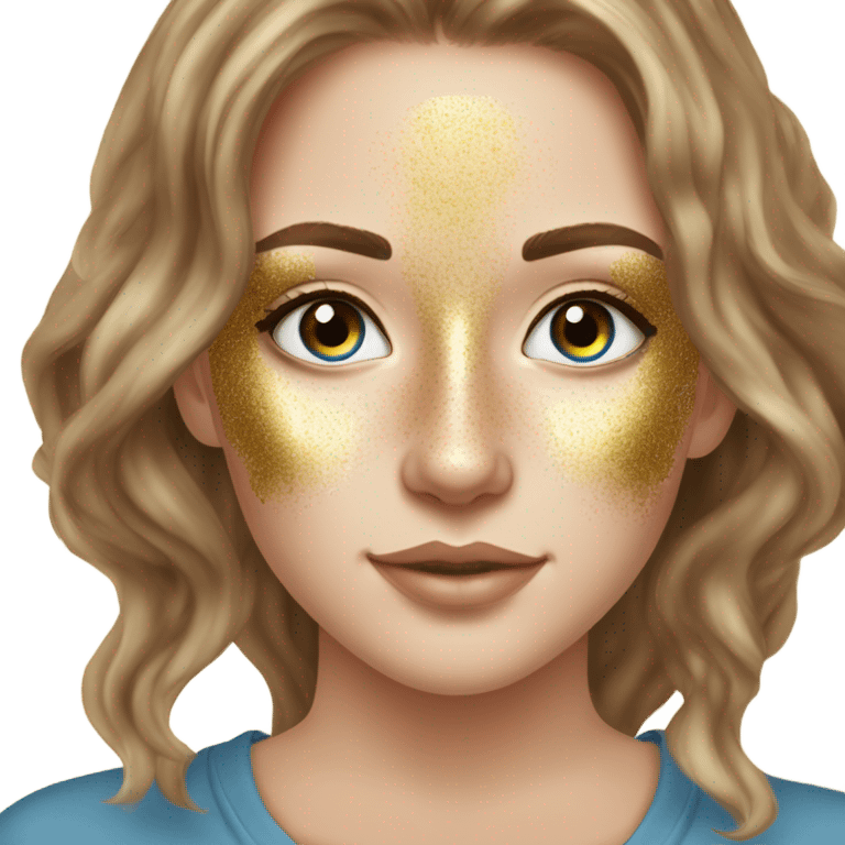 White girl with freackles and Brown hair, and blue eyes using Gold gel mask under her eyes emoji