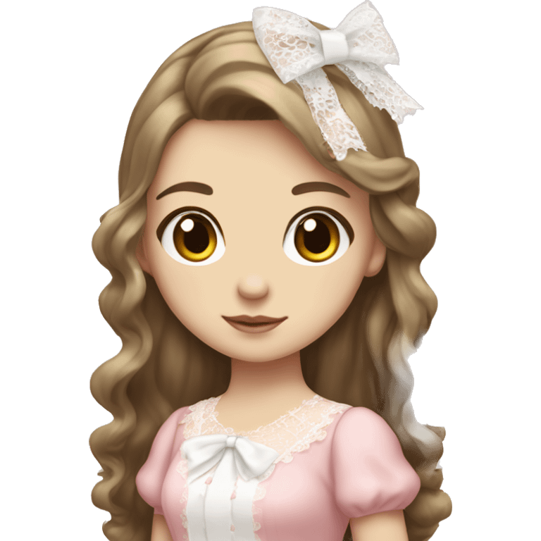 full body, girl standing, pale skin, long brunette hair, wearing lolita pink dress with white lace, wearing a pretty white bow on top of her head emoji