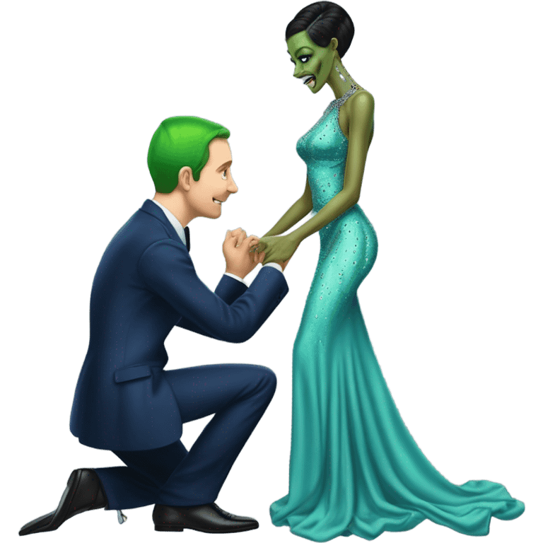 alien reptilian green skin woman, in long slim pastel blue formal party satin dress with gradient shiny sparkling navy blue diamonds embroidered , and caucasian man in black dres on his knees asks her to marry her emoji