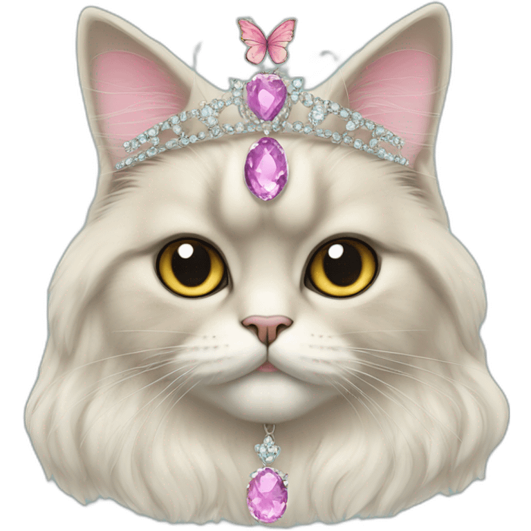 Persian cat wearing a tiara and necklace with a butterfly shaped pendant emoji