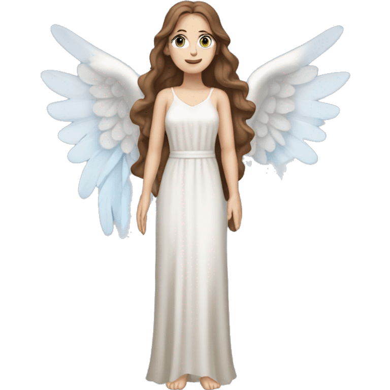 Full length white woman with brown hair dressed as a beautiful angel with wings and a long flowy dress and blue eyes emoji