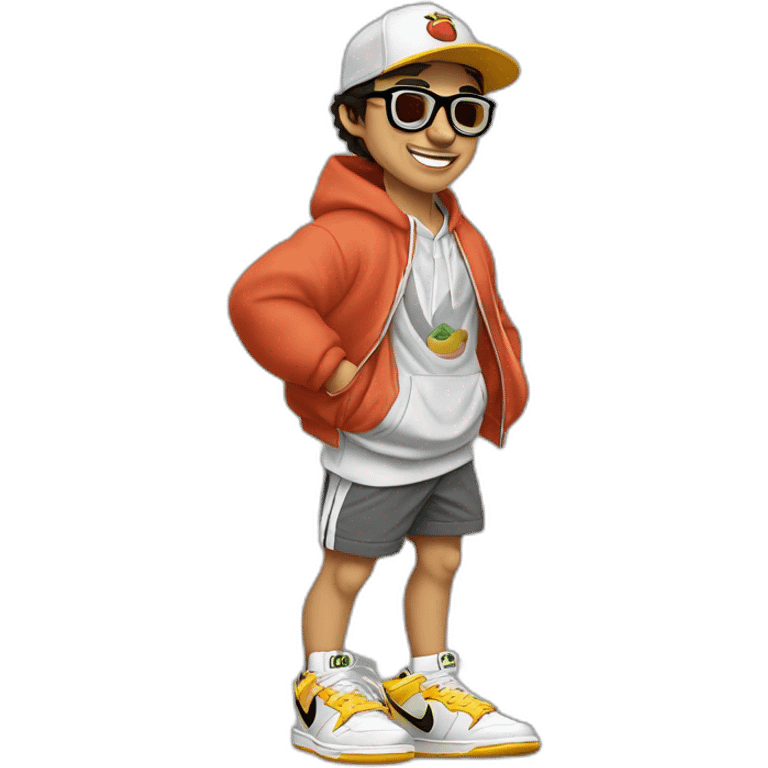 chico rubio  con lentes vestido con buzo y pantalone baggy y zapatillas nike dunk feliz cuerpo entero emoji