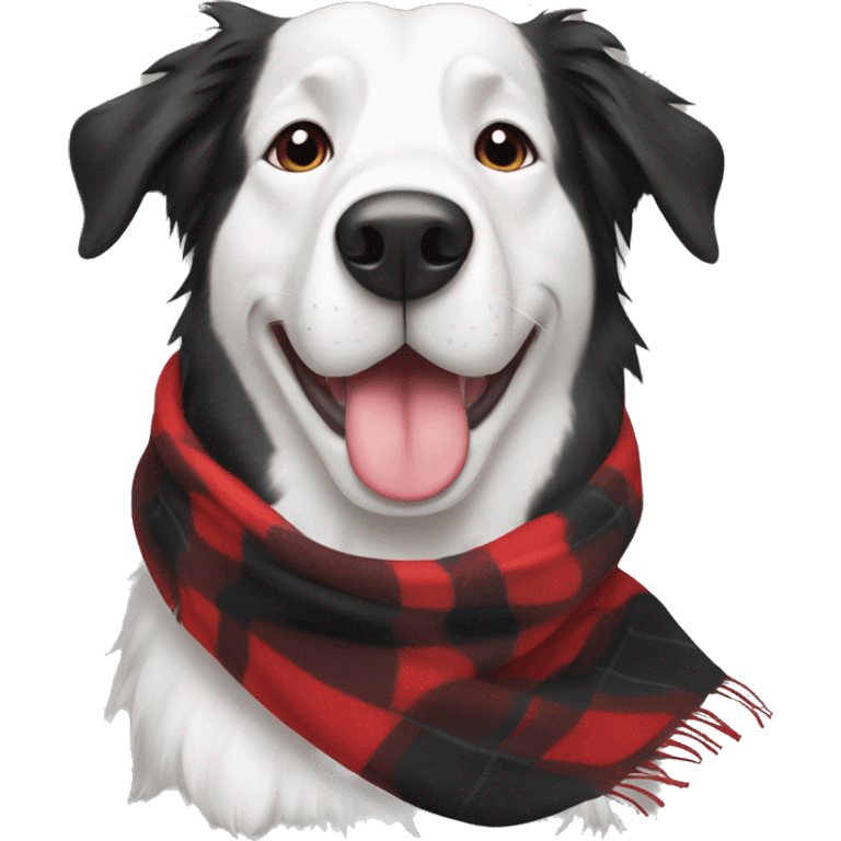 Black and white lab collie wearing a plaid red winter scarf emoji