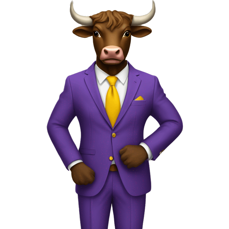 Brown bull with horns standing with 3 piece purple suit yellow tie wearing brown shoes  emoji