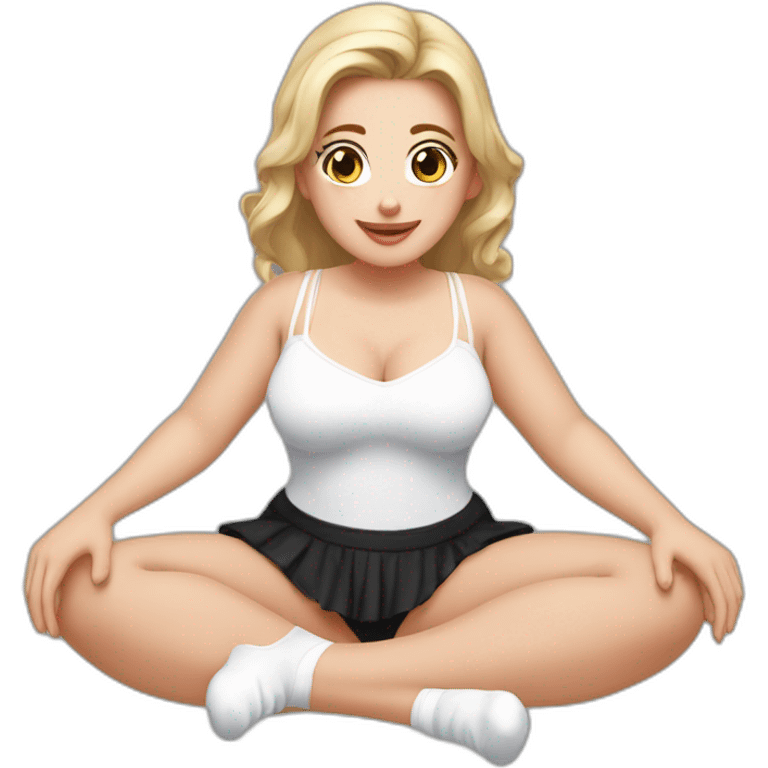 Front view curvy caucasian beauty sitting straight hands up black skirt white knickers white socks emoji