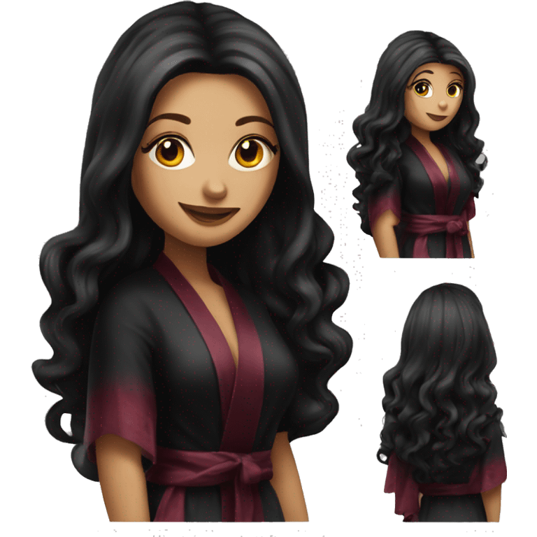 Beautiful tattooed  burgundy long haired woman in black silk robe emoji