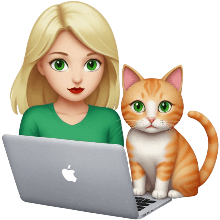 Blonde girl green eyes with apple MacBook and a cat emoji