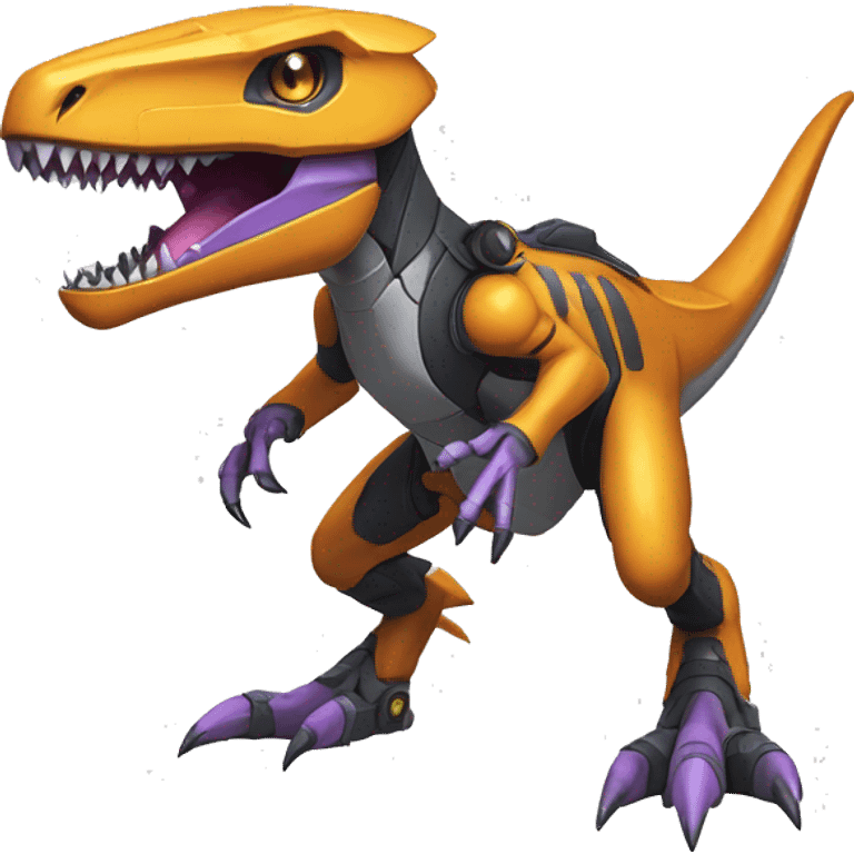 Colorful Edgy Greymon-Velociraptor-Genesect-Fakémon-Pokémon wearing a with a futuristic helmet And suit Full Body emoji