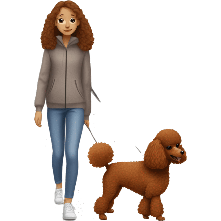 Red toy poodle with a girl with brown hair on the walk emoji