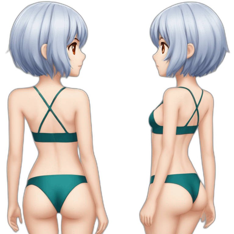 realistic full body rei ayanami nue short hair teen back and front views bikini emoji