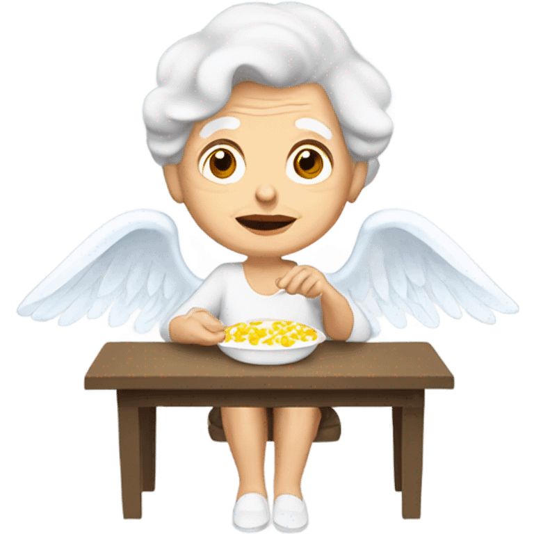 Elderly white lady angel with brown hair eating scrambled eggs  emoji