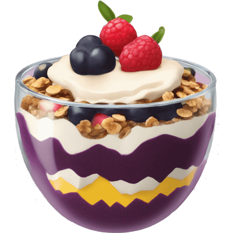 Açaí in a clear cup with layers of fruits and granola and condensed milk emoji