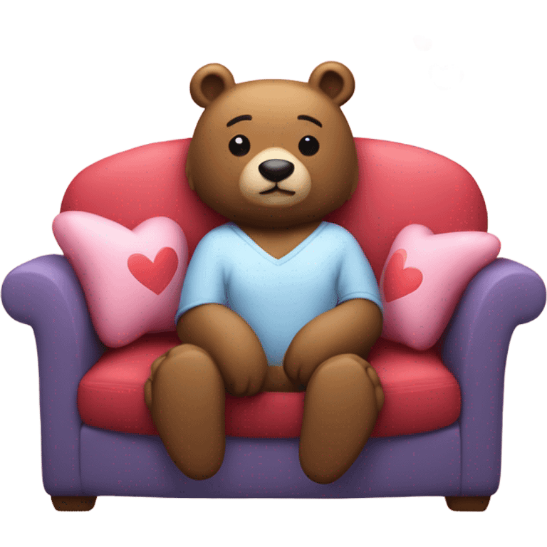 Bear on couch thinking about a bunny and hearts emoji