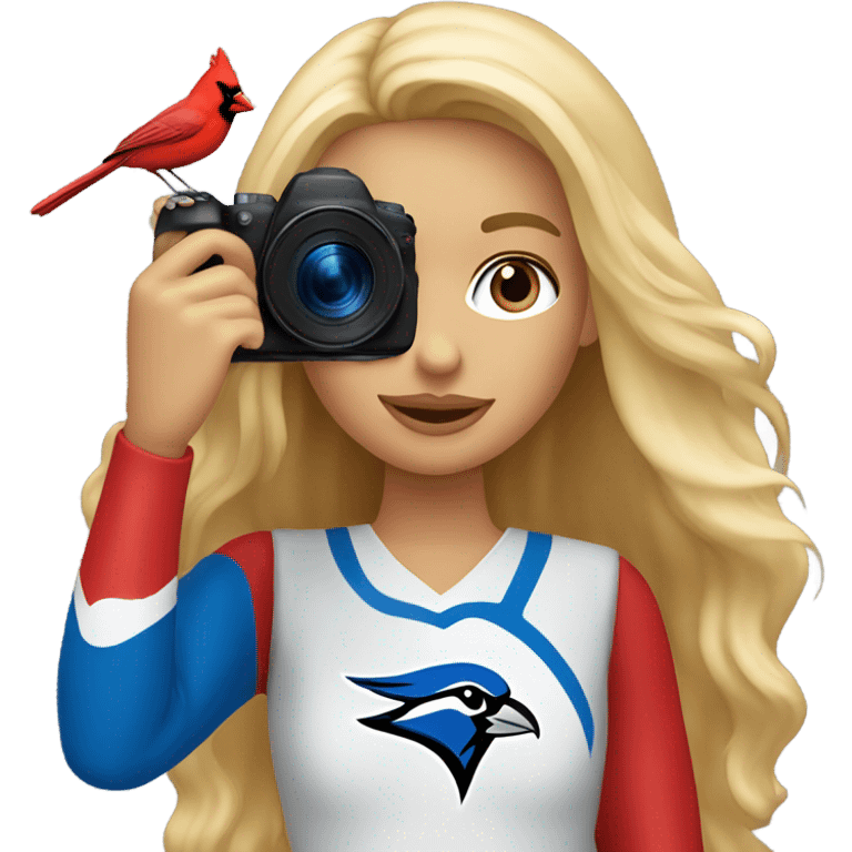 Long hair blonde girl with camera taking pictures of cardinals and blue jays emoji