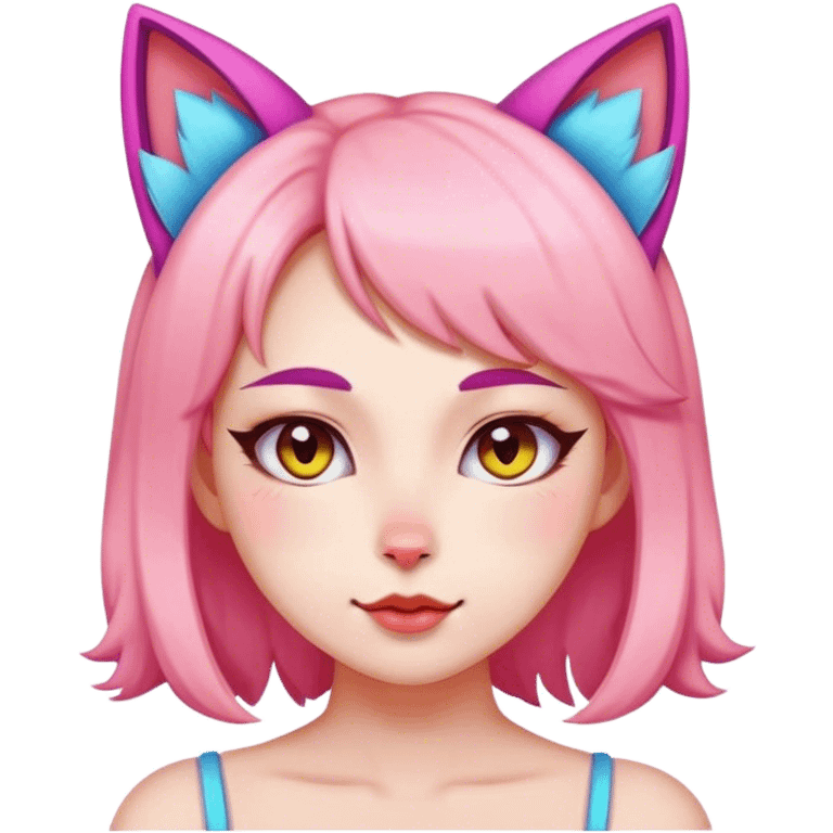 Woman with colorful cat ears blushing emoji