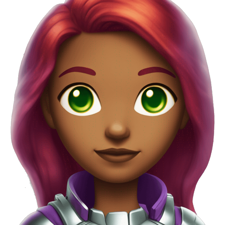 dc comics starfire glowing green eyes red long hair, purple and silver spacesuit with no helmet no green jewels emoji